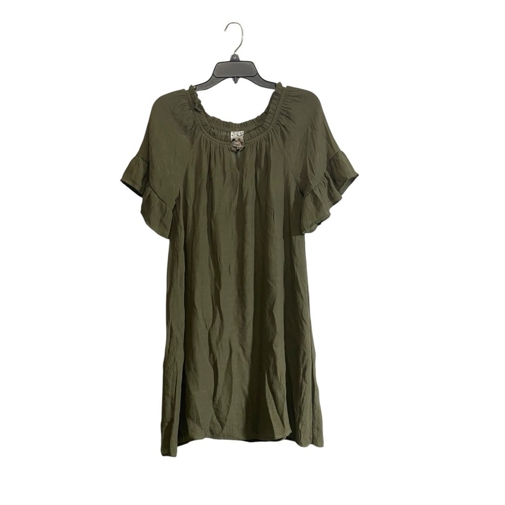 Naif Tunic Dress Small Olive Green Ruffle Sleeve O Ring Popover Boho Casual